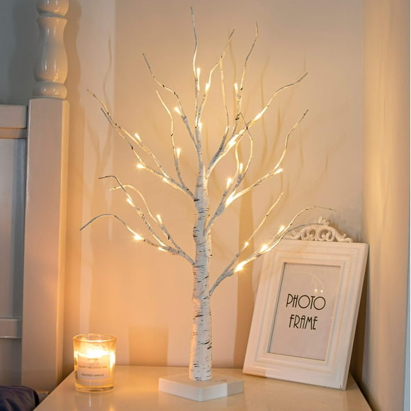 Árbol artificial PEIDUO de abedul de 2 pies con luces LED de color blanco cálido