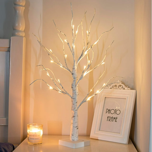 Árbol artificial PEIDUO de abedul de 2 pies con luces LED de color blanco cálido