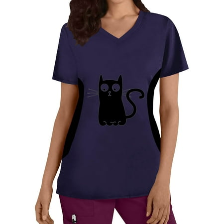 

Cat Printed Working Uniform Womens Plus Size Top V Neck Short Sleeved Cats Prints T Shirt Blouse Scrubs Uniform Nurses