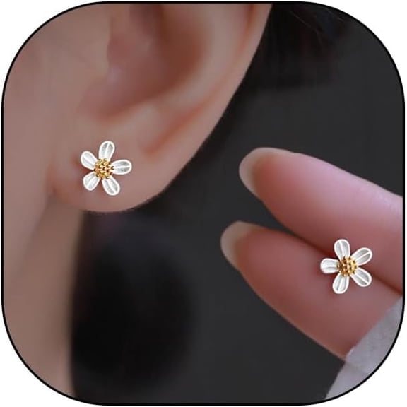 Silver Daisy Flower Tiny Stud Earring,Dainty Sunflower White Small Stud Earring,Cartilage Earlobe Piercing New Year Christmas Birthday Gift for Women