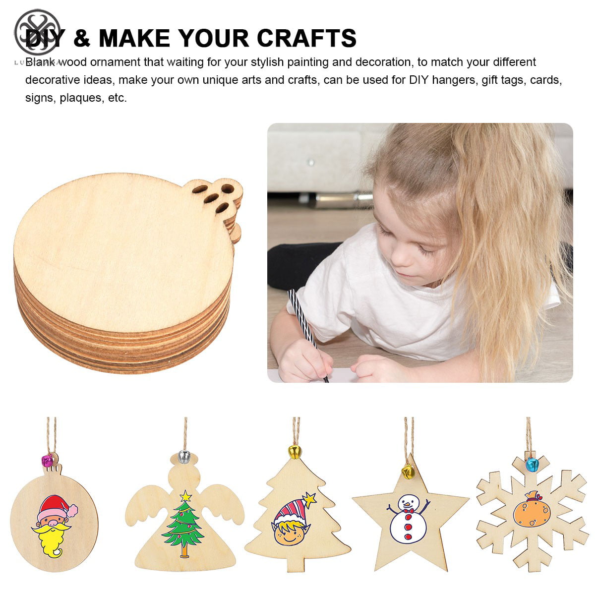 Unfinished Wooden Christmas Ornaments, 25pcs DIY Christmas Crafts for Kids, Natural Wood Cutout Kit with Twines Pom-Poms Googly Eyes, Predrilled