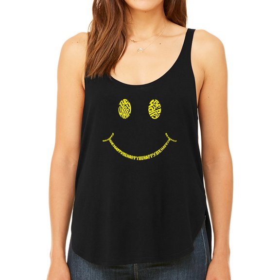 Women's Premium Word Art Flowy Tank Top - Be Happy Smiley Face