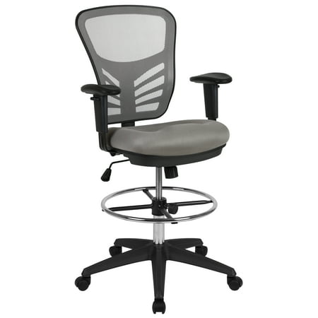 UPC: 0889142568513 | Flash Furniture Tyler Mid-Back Light Gray Mesh Ergonomic Drafting Chair with Adjustable Chrome Foot Ring Adjustable Arms and Black Frame