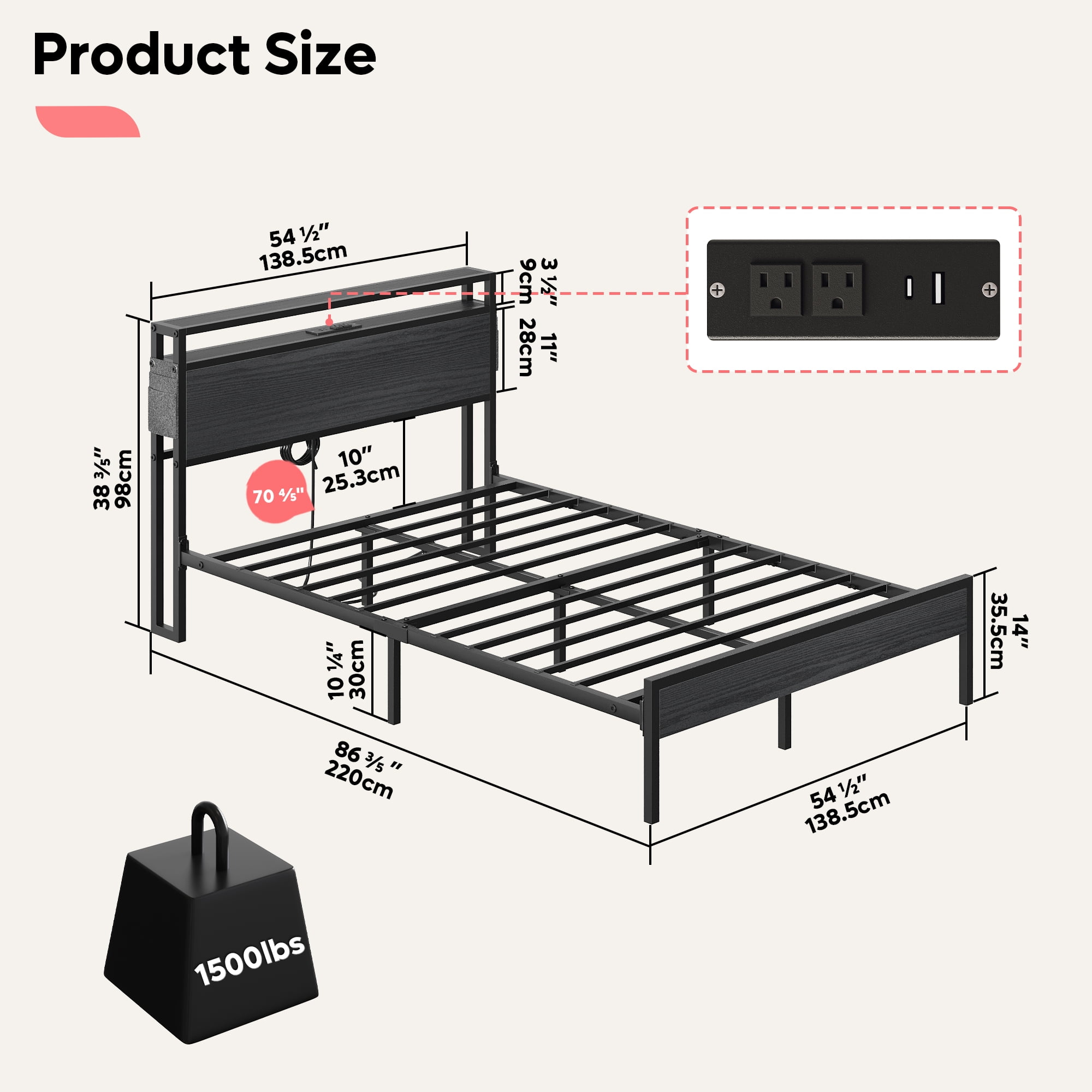 Bestier Full Size Bed Frame with Charging Station and 2 USB Ports and Outlets,LED Light Storage Headboard,Noise Free Design, Black