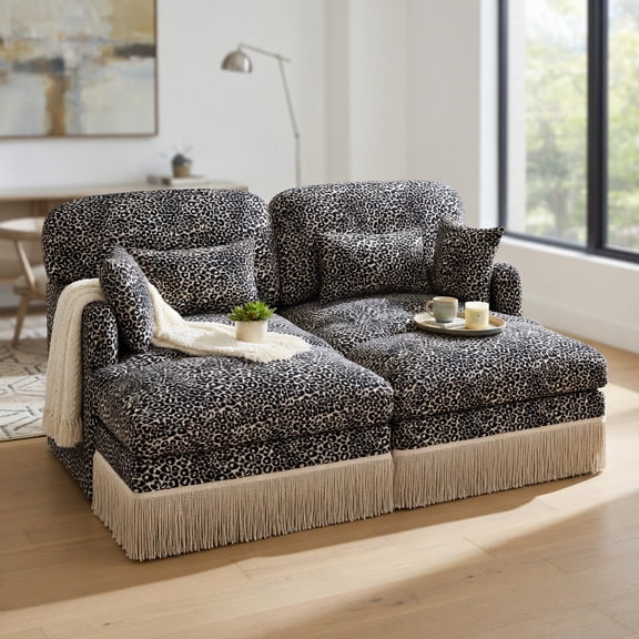 Hommoo Leopard Print Chenille Loveseat Sofa with Movable Ottomans, 2-Seat Modern Modular Couch, Tassel Trim & Ergonomic Deep Seat Design, Living Room Sofa, khaki