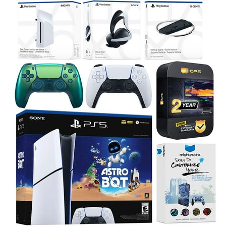 Sony PlayStation 5 Astro Bot Slim Digital Bundle with Disc Drive, Pulse Elite Headset, Extra Controller, Vertical Stand, MightySkins Voucher and 2 Year Extended Warranty - Chroma Teal