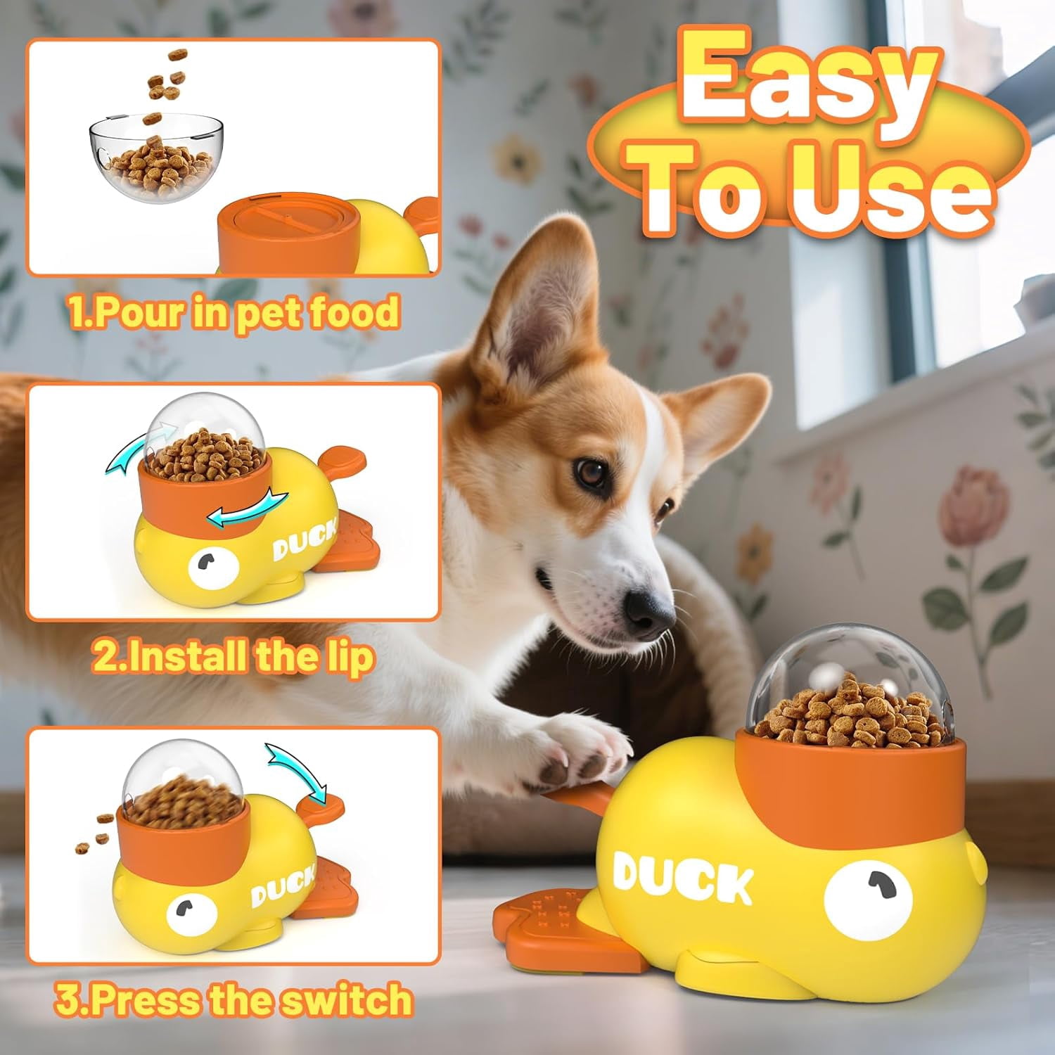 Duck Shaped Interactive Pet Toy, Treat Dispensing Puzzle Toy for Dogs Cats, Slow Feeder Toy for IQ Training & Healthy Eating