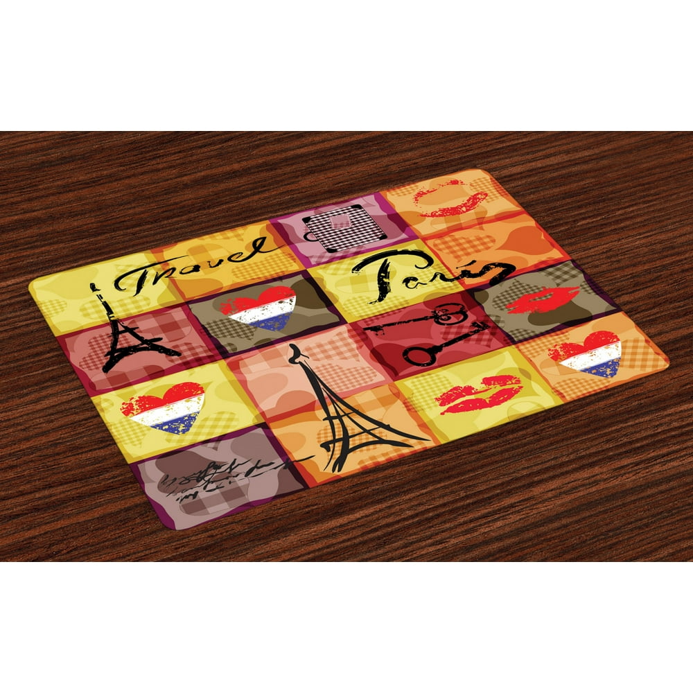 Modern Placemats Set of 4 Collage Print Colorful Hearts Eiffel Tower