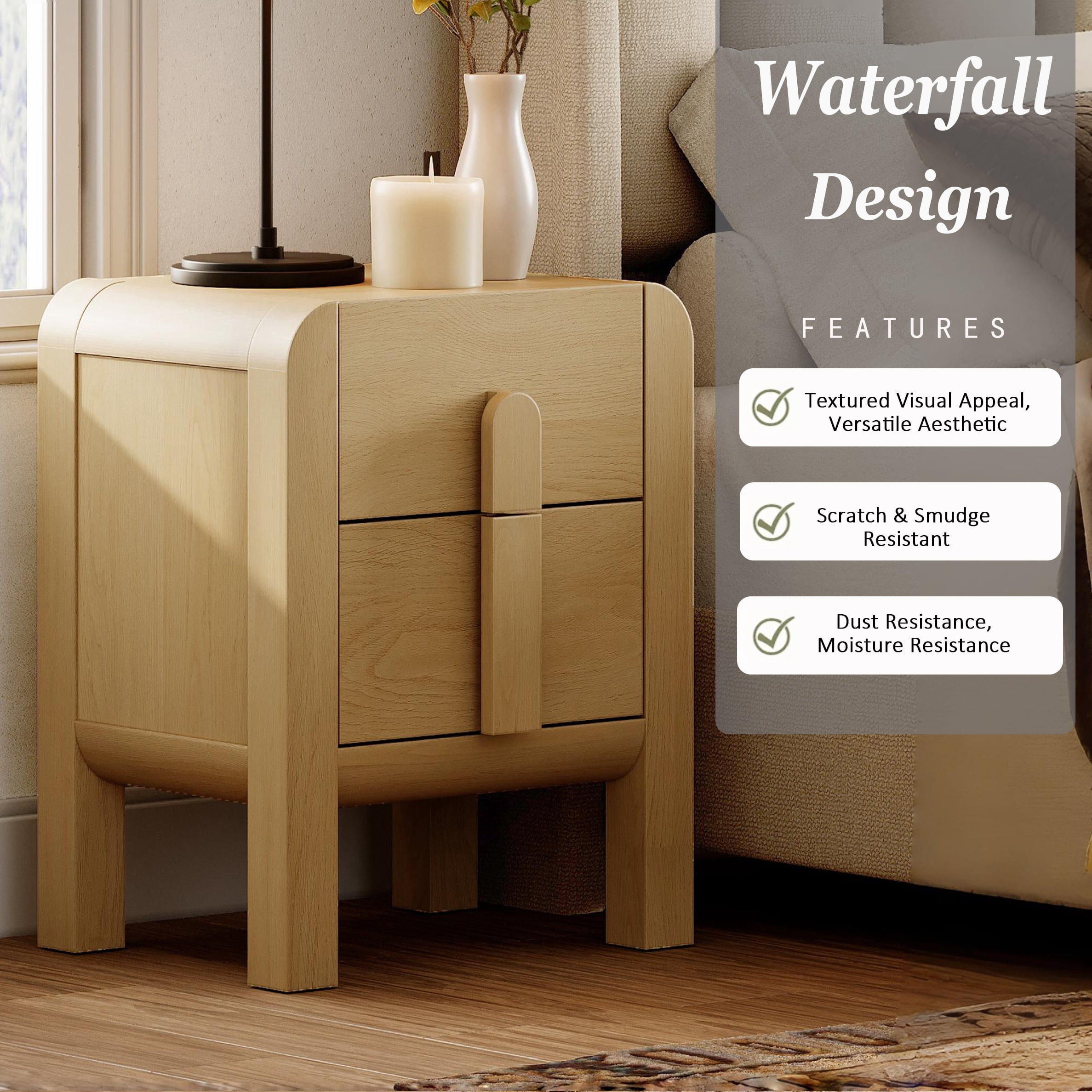 Mid-Century Modern Wood Nightstand with 2 Drawers ,Curved End Table with Built-In Charging Station for Bedroom, Living Room,Entryway