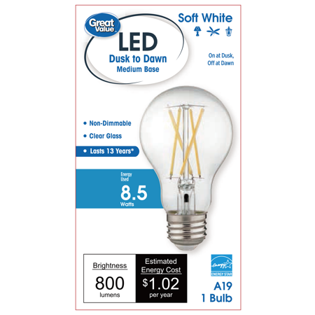 

Great Value LED Vintage Style Light Bulb A19 60 Watts Soft White DTD Filament Medium Base Non Dimmable 1 Pack CA