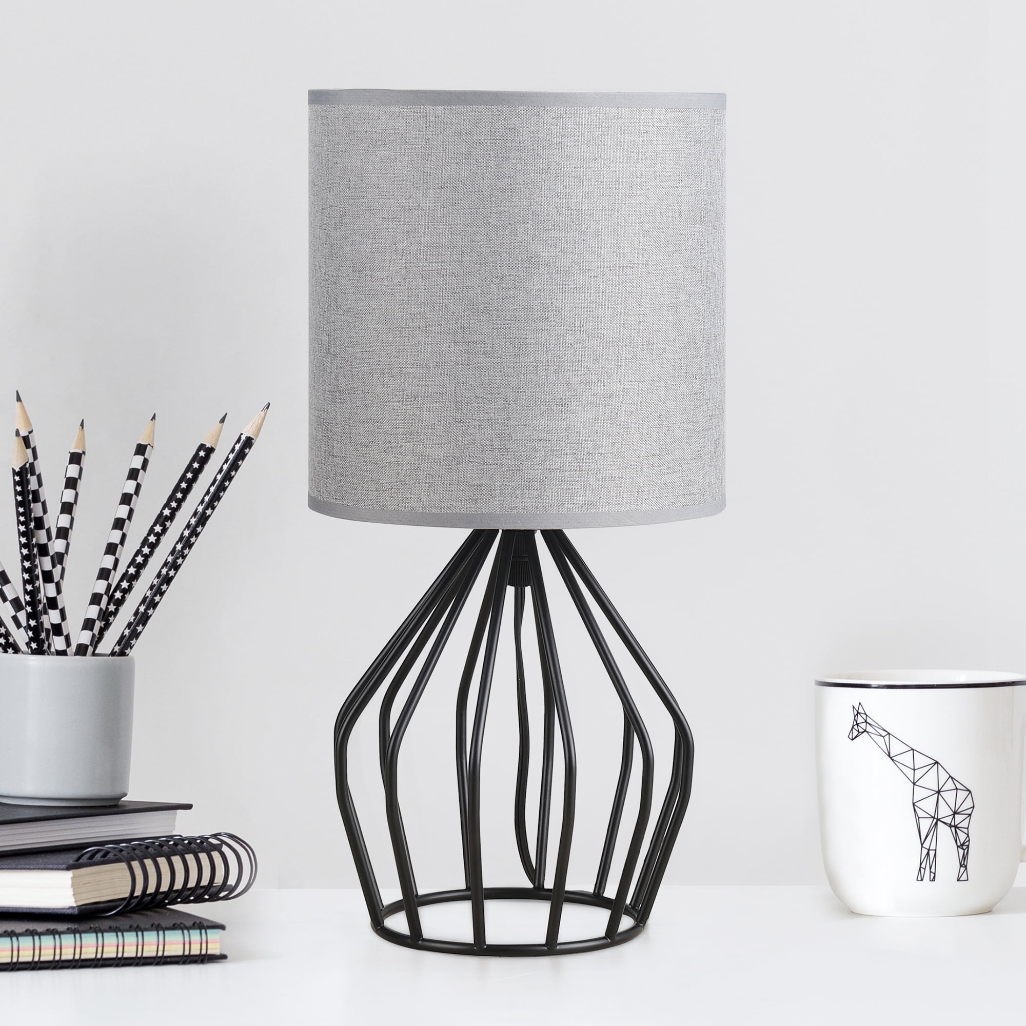 Black Farmhouse Table Nightstand Lamp Metal Cage with Hollow Base