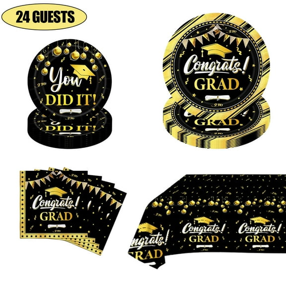 MSJEHQI Black Gold Graduation Party Supplies Set, 24 Guests, Disposable Dinnerware