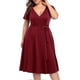 thumbnail image 3 of Falda midi holgada de manga corta con cuello en V, talla grande, color liso, para verano de 2022, color rojo vino, XL, 3 of 5