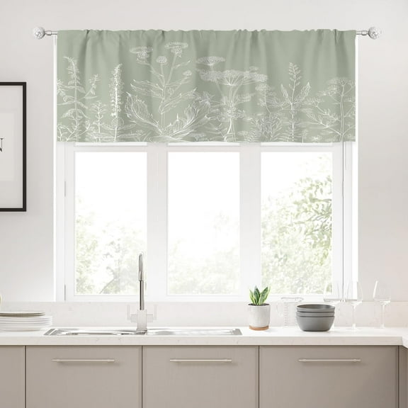Sage Green Floral Wildflower Valances Kitchen Curtains Short Small Rustic Botanical Leaves Vintage Flower Herb Rod Pocket Farmhouse Bedroom Living Room Treatment Fabric 1 Panel 52Wx18H Inch