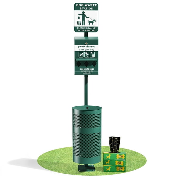 Flash Furniture Pet Waste Station with Glow in the Dark Sign, Bag Dispenser, Sanitizer Bottle, Trash Can with Lid - Includes 600 Roll Bags & 50 Can Liners