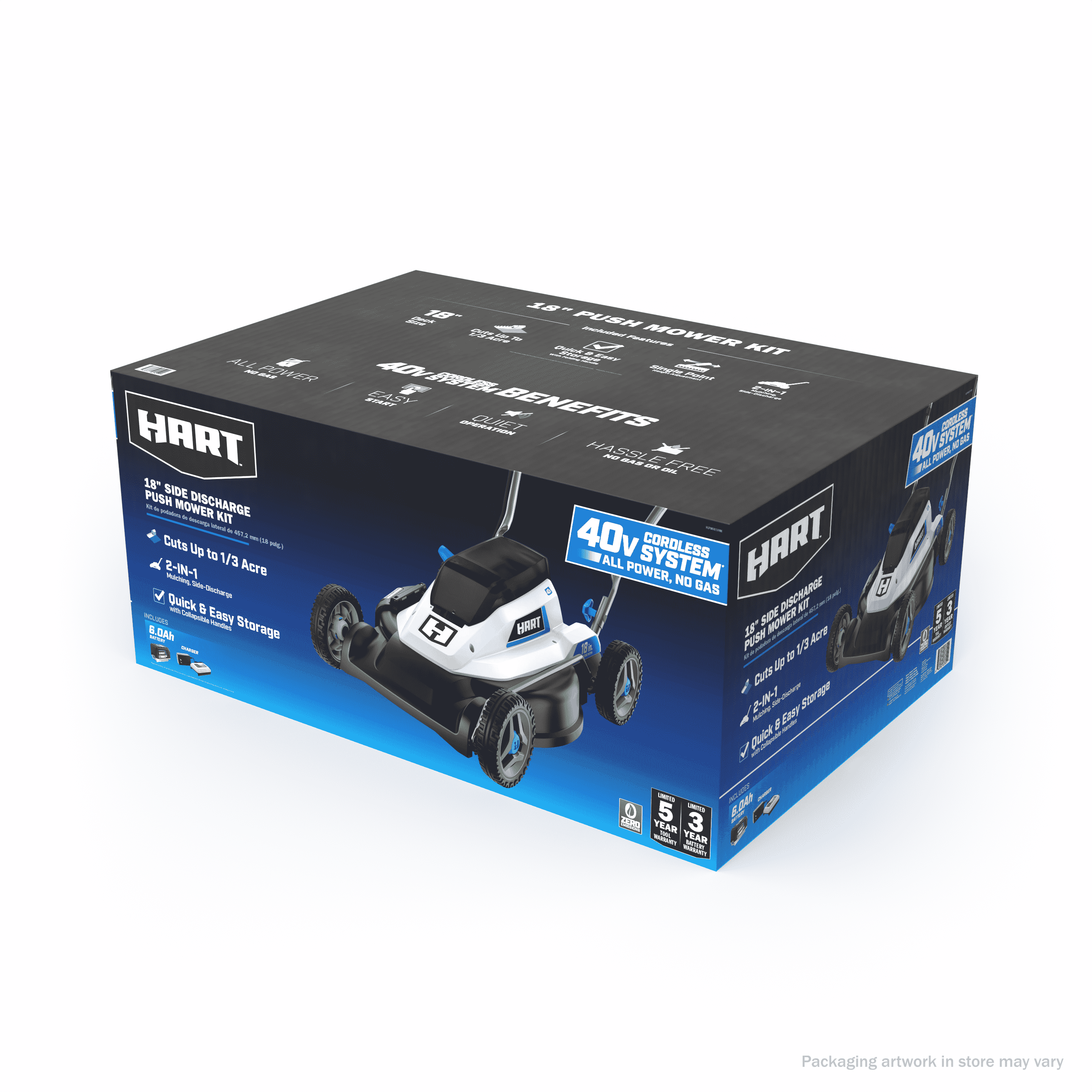 HART 40-Volt Cordless 18-inch Push Mower Kit, (1) 6Ah Lithium-Ion Battery, (1) Battery Charger