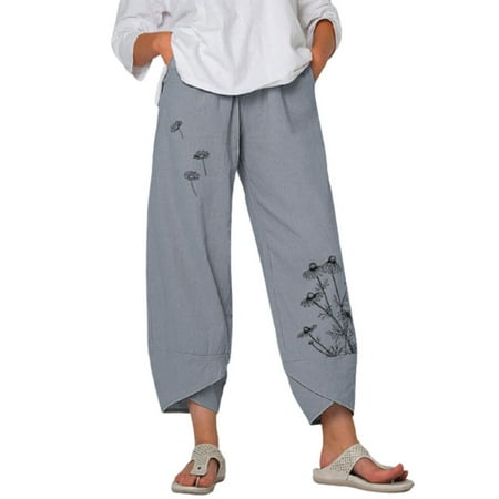 

Womens Cotton Linen Capri Pants Summer Elastic Waisted Casual Pants Wide Leg Loose Fit Comfy Pajama Beach Trousers EKOUSN