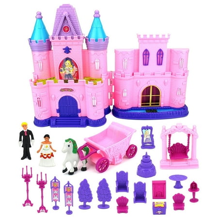 Children's Castle Toy Doll Playset with Lights, Sounds, Prince and Princess Figures, Horse Carriage, Castle Play House, Furniture, Accessories (Styles May