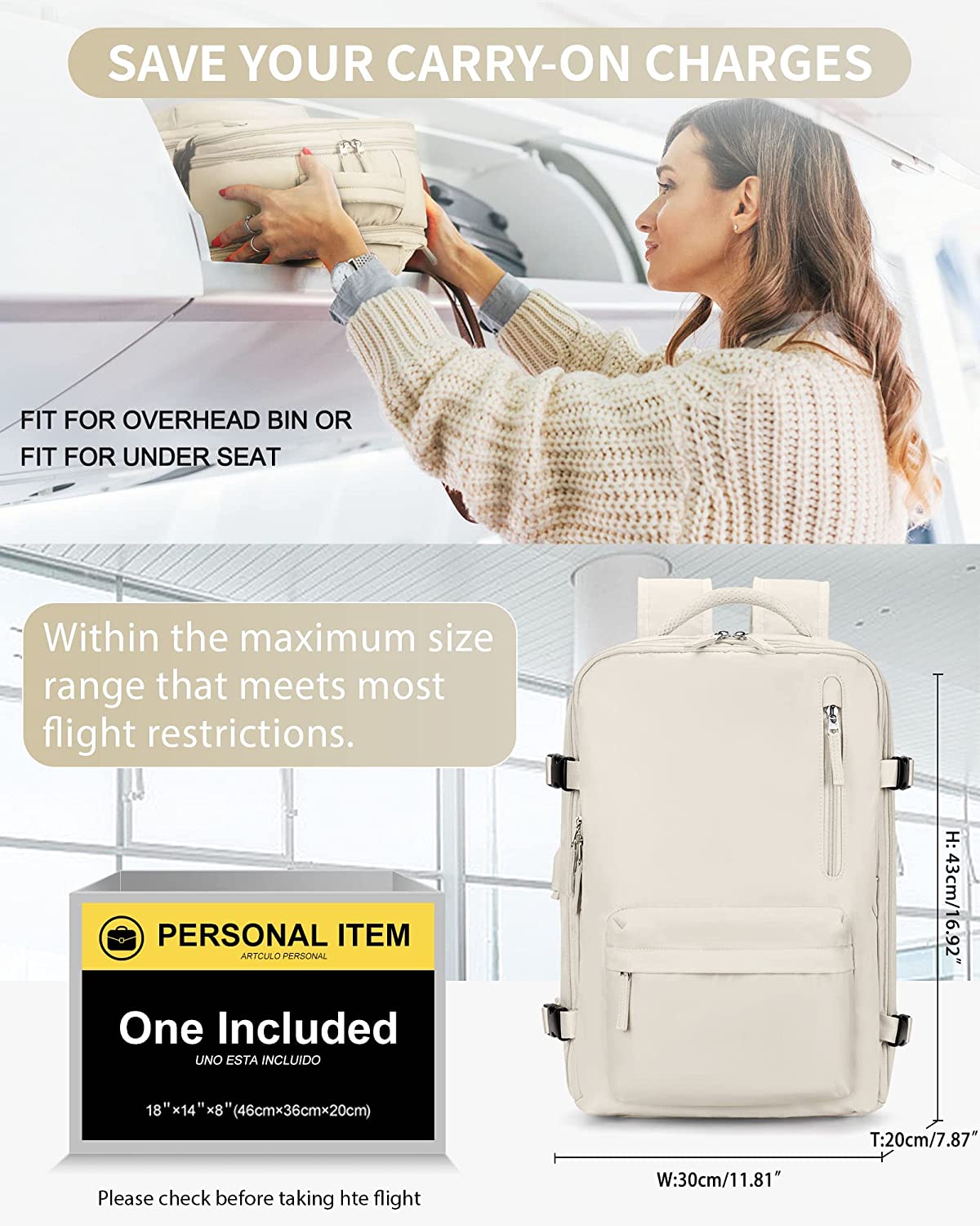Travel Backpack for Women Men, Airline Approved Carry On Backpack for  Traveling on Airplane,Small Laptop Backpack with Shoe Compartment Hiking  Waterproof Casual Daypack Large School Bag White