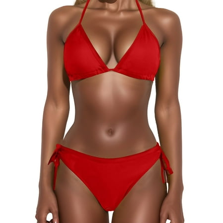 JIANJIA Swim Suits for Women Summer Solid Color Lace Up Halter Brassiere With Thongs Two Piece Bikinis Swimwears Holiday Wear Red S