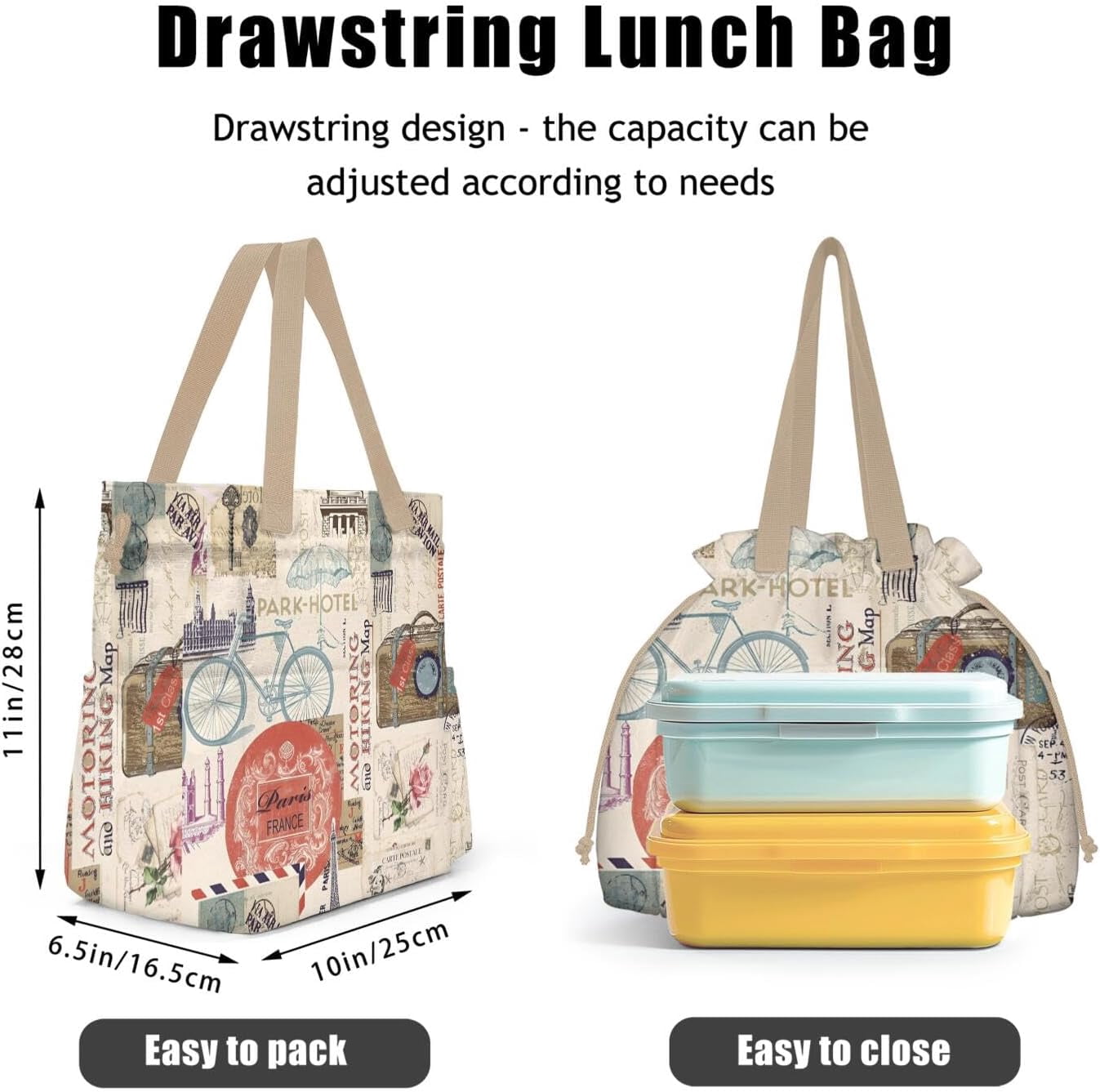 Lunch Bag for Women Insulated Womens Drawstring Lunch Bag for Work, Stain-Resistant Large Lunch Box for Women with Containers, Cinch Closure Cromwell Bag Black Man Reusable Lunch Bag Office