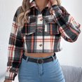 thumbnail image 3 of Daiosportswear Women's Flannel Cropped Plaid Shacket Button Down Long Sleeve Jacket Casual Lapel Coat Black, 3 of 8