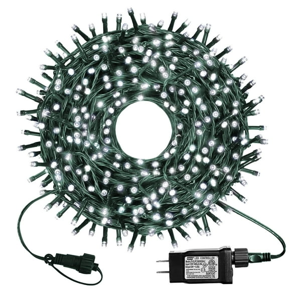 kemooie 300 LED Outdoor Christmas Lights, 99FT 8 Lighting Modes Plug in Green Wire Fairy Lights for Indoor Outdoor Christmas Tree Lights Wedding Party Decoration (White)
