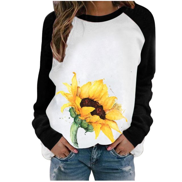 Pompotops Mode Femmes Printemps Automne Patchwork Imprimé Manches Longues Col Rond Casual Tee Tops