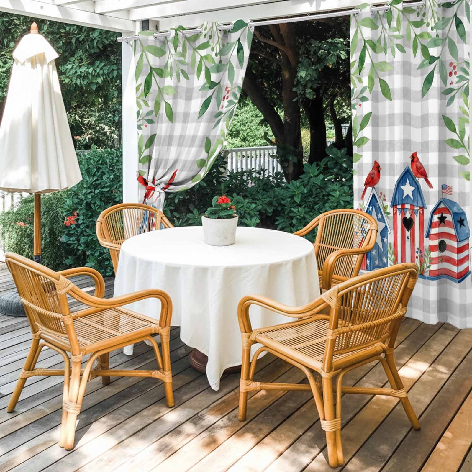 Independence Day Outdoor Curtains for Patio, Watercolor Cardinal Bird Birdhouses Leaf Grey Plaid Sunshade Privacy Drapes Grommet Waterproof Outside Curtains for Porch/Cabana/Balcony 54"x108", 1 Panel