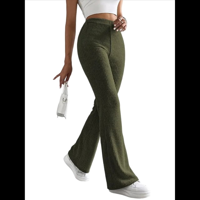 Pantalones Anchos de Pierna para Mujer, de Cintura Alta, para Estar en Casa, con Cintura Elástica, para Otoño e Invierno, Informales, de Punto Verde M