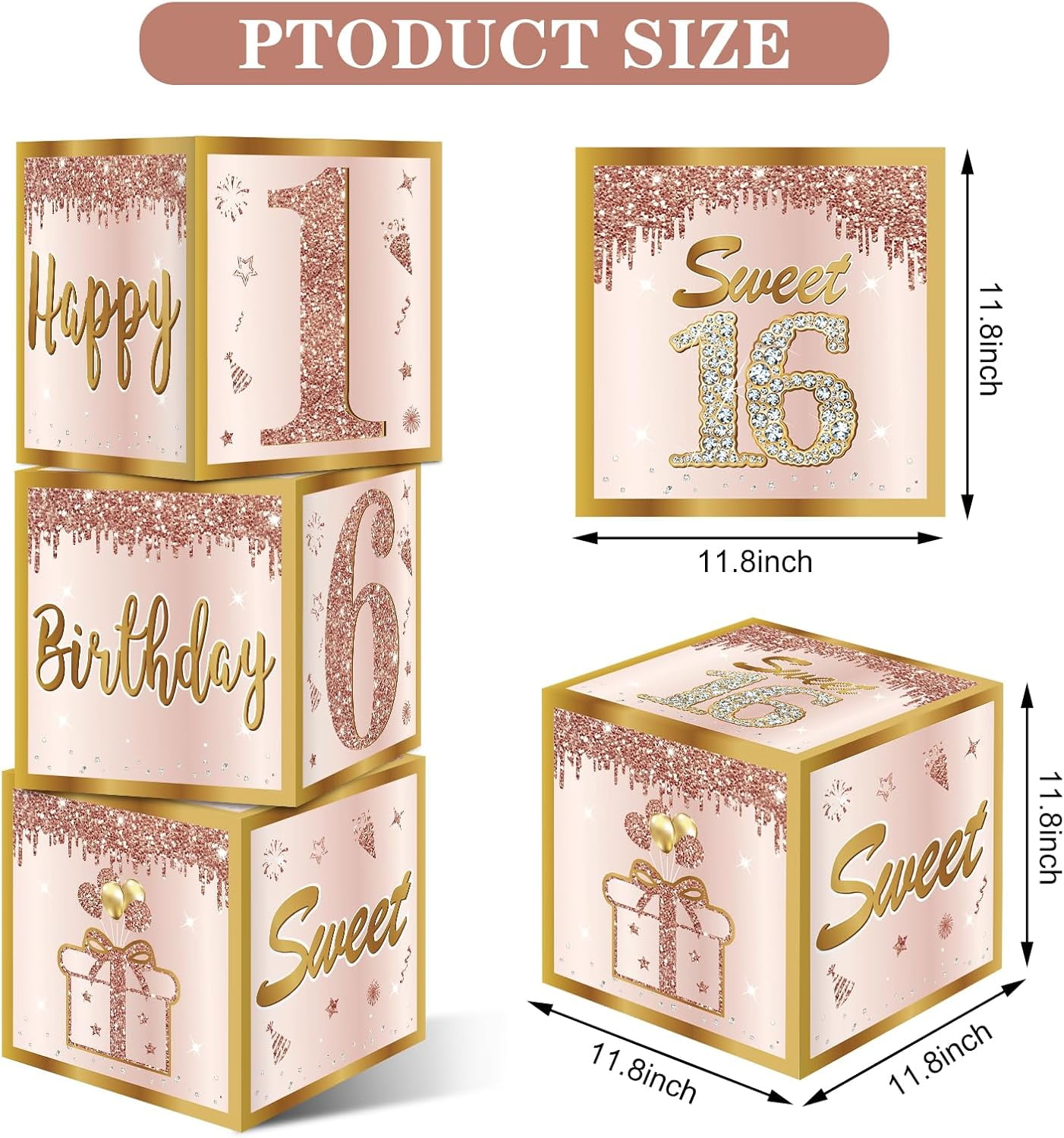 Happy Greetings Sweet 16 Party Decorations Kit for Girls, Rose Gold 16th Birthday Boxes, Balloon, Birthday Banner & Party Supplies Set for Women - 44 PCS