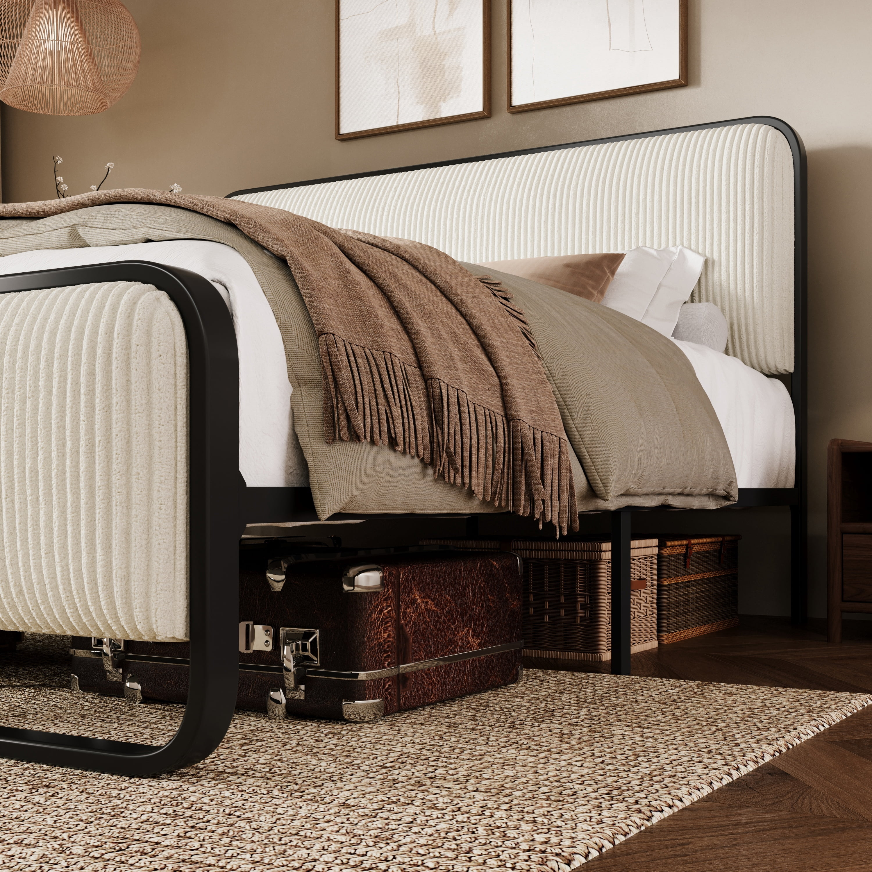 SHA CERLIN Queen Bed Frame, Upholstered Platform Bed with Velvet Curved Headboard and Footboard, No Box Spring Needed, 1000 LBS Capacity, Cream White