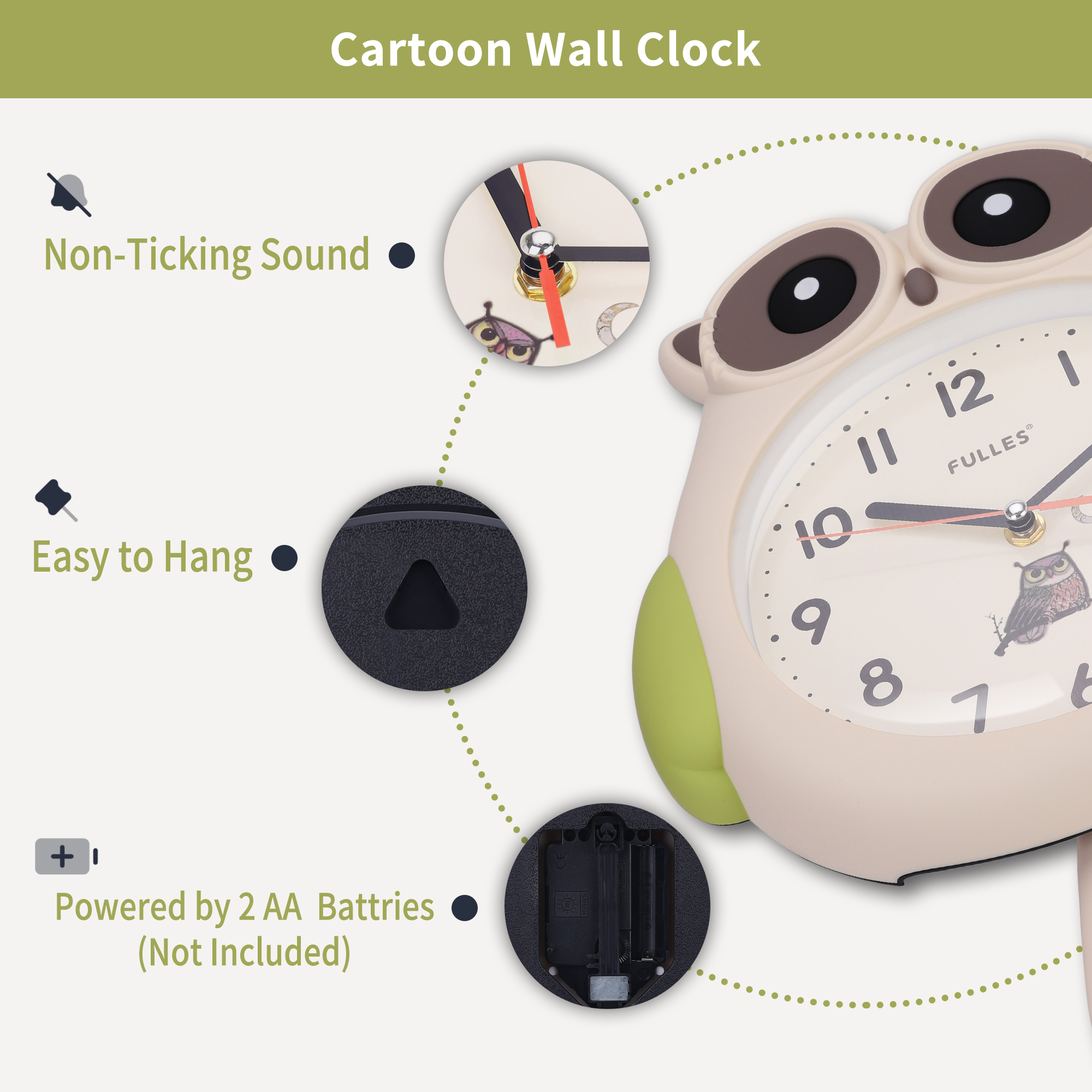 Unique Bargains 1pc Lovely Owl Silent Non Ticking Wall Clock 15" x 15" x 2.8" Beige