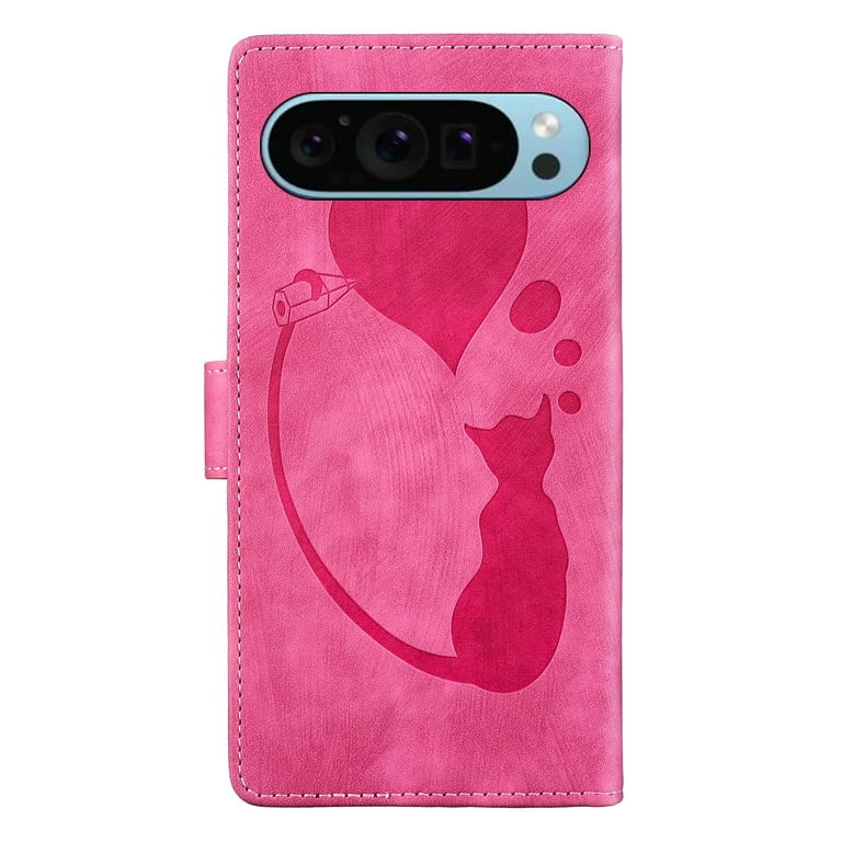 Cover Portafoglio In PU Pelle Per Google Pixel 9 Con Supporto E 3 Slot Carte - Design Gatto Rosa - Custodia Magnetica - 3