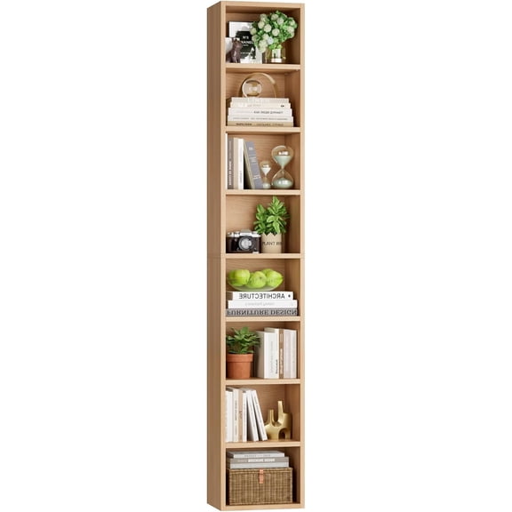 8-Tier Media Tower Rack, 11.6 X 9.3 X 71 Inches CD DVD Slim Storage Cabinet with Adjustable Shelves, Tall Narrow Bookcase Display Bookshelf for Home Office, Natural