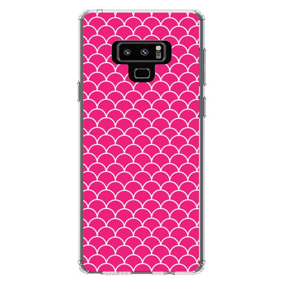 DistinctInk Clear Shockproof Hybrid Case for Samsung Galaxy Note 9 - TPU Bumper, Acrylic Back, Tempered Glass Screen Protector - Hot Pink White Scalloped Pattern