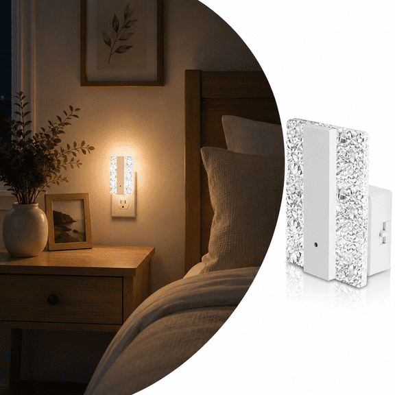 YANSUN 1-Pack White Modern Square Crystal Night Light, 3000K Warm White, Plug-in with Dimmable Control, Decorative for Bedside