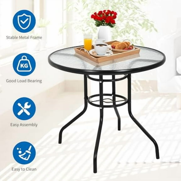BSTOPHKL Outdoor Patio Table with Umbrella Hole, 32 inches Tempered Glass Top Square Patio Table,Conversation Coffee Table Metal Steel Frame All-Weather Furniture for Balcony, Back