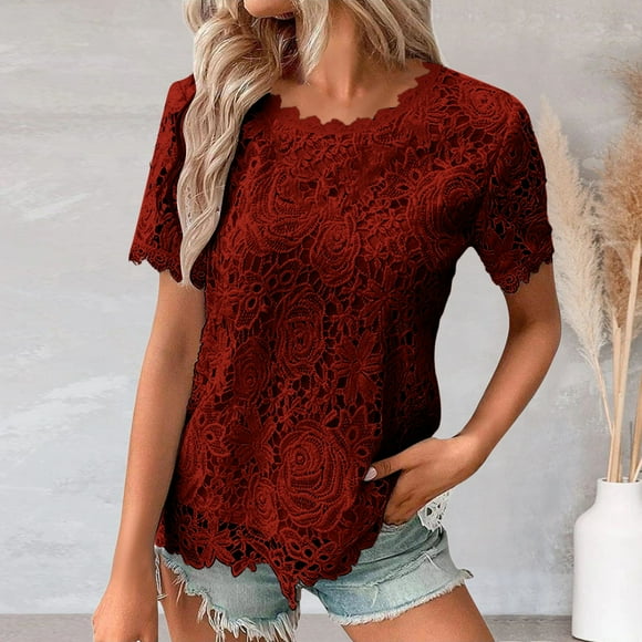 iTNHFP Women Tshirts Women Tshirts White Women'S Lace Top Crochet Crew Neck Short Sleeve Fashion Summer Loose Tee Casual T Shirt