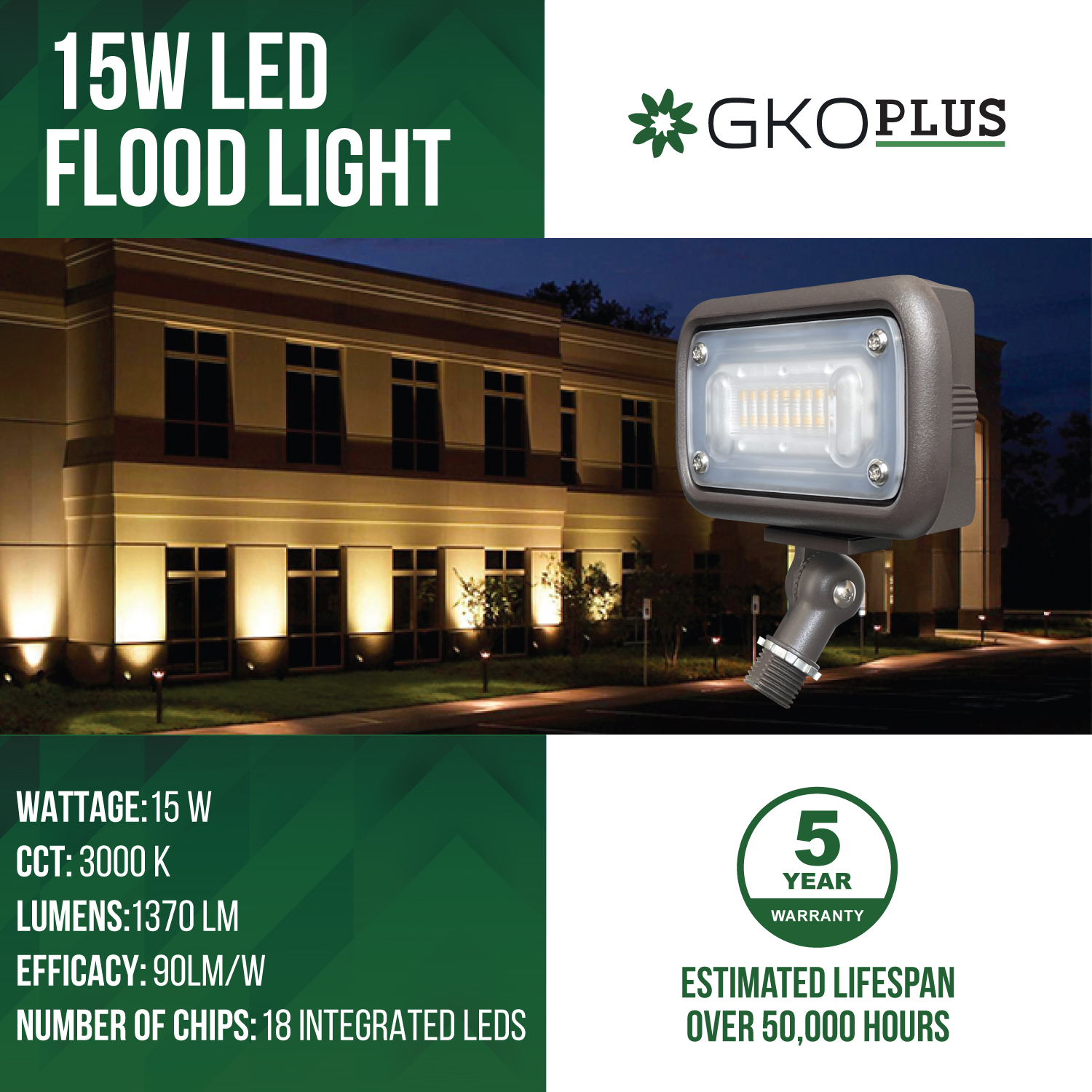 15W Outdoor LED Flood Security Lights, Waterproof Landscape Lighting, 50W PSMH Equivalent, 1370 Lumens, 3000K Warm White, 120-277V, 1/2" Knuckle Mount, UL-Listed, 5 Years Warranty