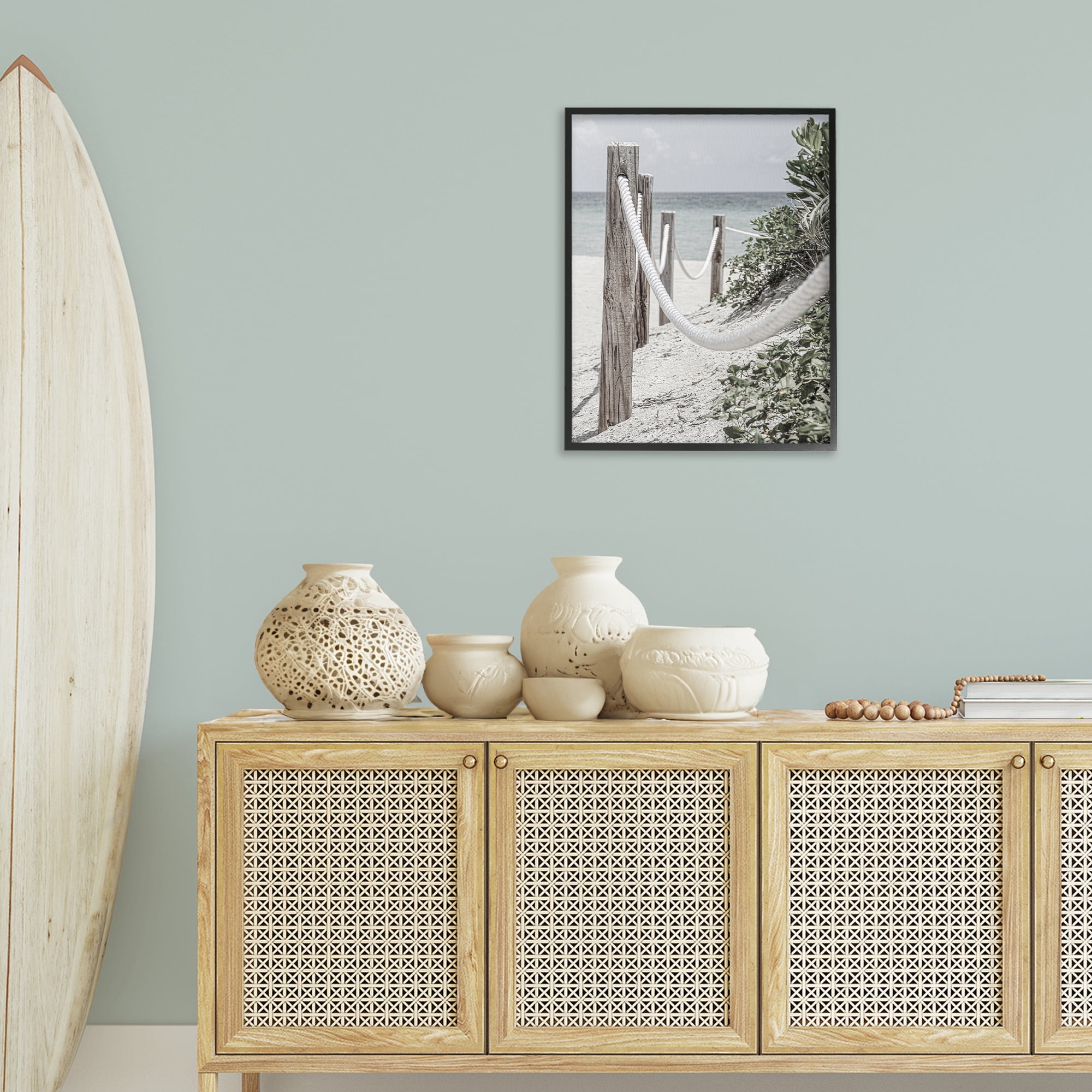 Stupell Industries Rope Fence Beach Landscape Photography Black Framed Art Print Wall Art, 24 x 30