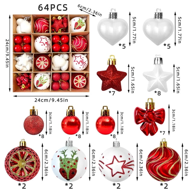 Bola Decorativa Juego de 64 adornos navideños para árbol con lazos, ciervos y corazones para decoración navideña. Rkxzt