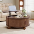 thumbnail image 3 of 33.5-Inch Round Lift Top Coffee Table with Hidden Storage, Fluted Design with Sliding Tambour Door and Solid Wood Legs, Walnut, 3 of 8