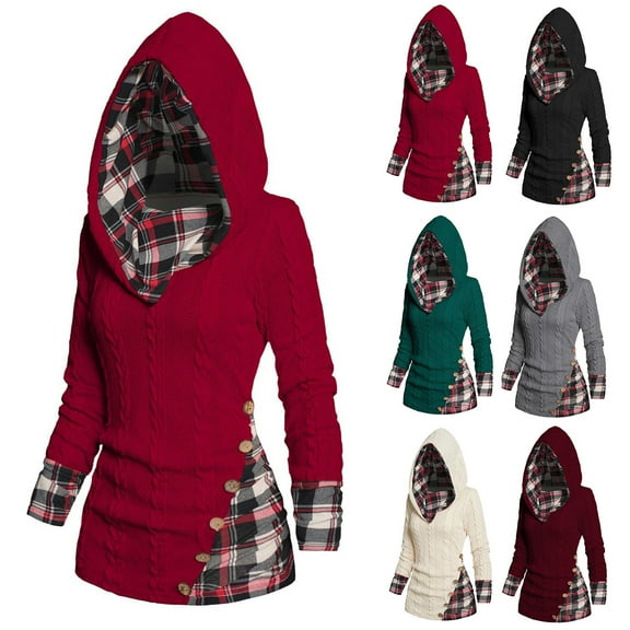 Patlollav Womens Hoodies Sweater Long Sleeve Hooded Lattice Splicing Pullover Sweatshirts Tops