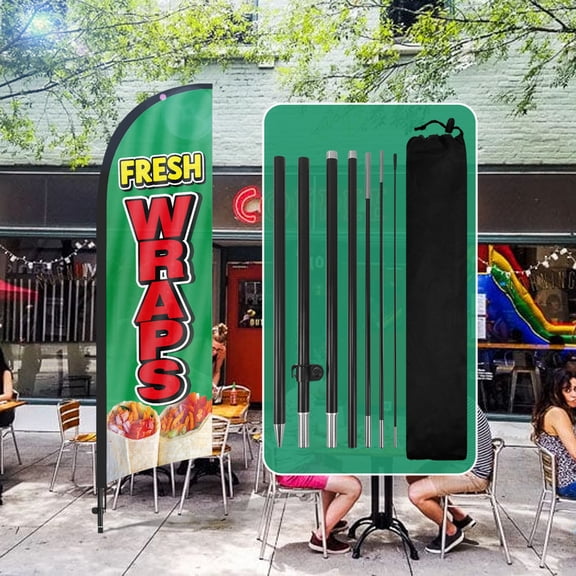 QSUM Fresh Wraps Themed Swooper Flag, 7FT Wraps  Advertising Feather Flag with Pole Kit, Ground Spike, Fresh Wraps Signs for Businesses and Storefronts