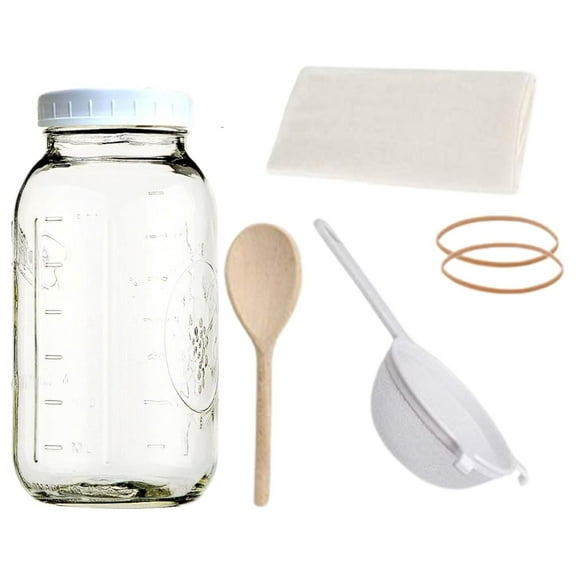 Complete Kefir Starter Kit/Kombucha Fermentor Kit-1 Mason Jar Wide Mouth-Plastic Storage Lid - HIC(4 Inch) Nylon Mesh Strainer-Cotton Cloth Cover and Wood Spoon (Half Gallon)