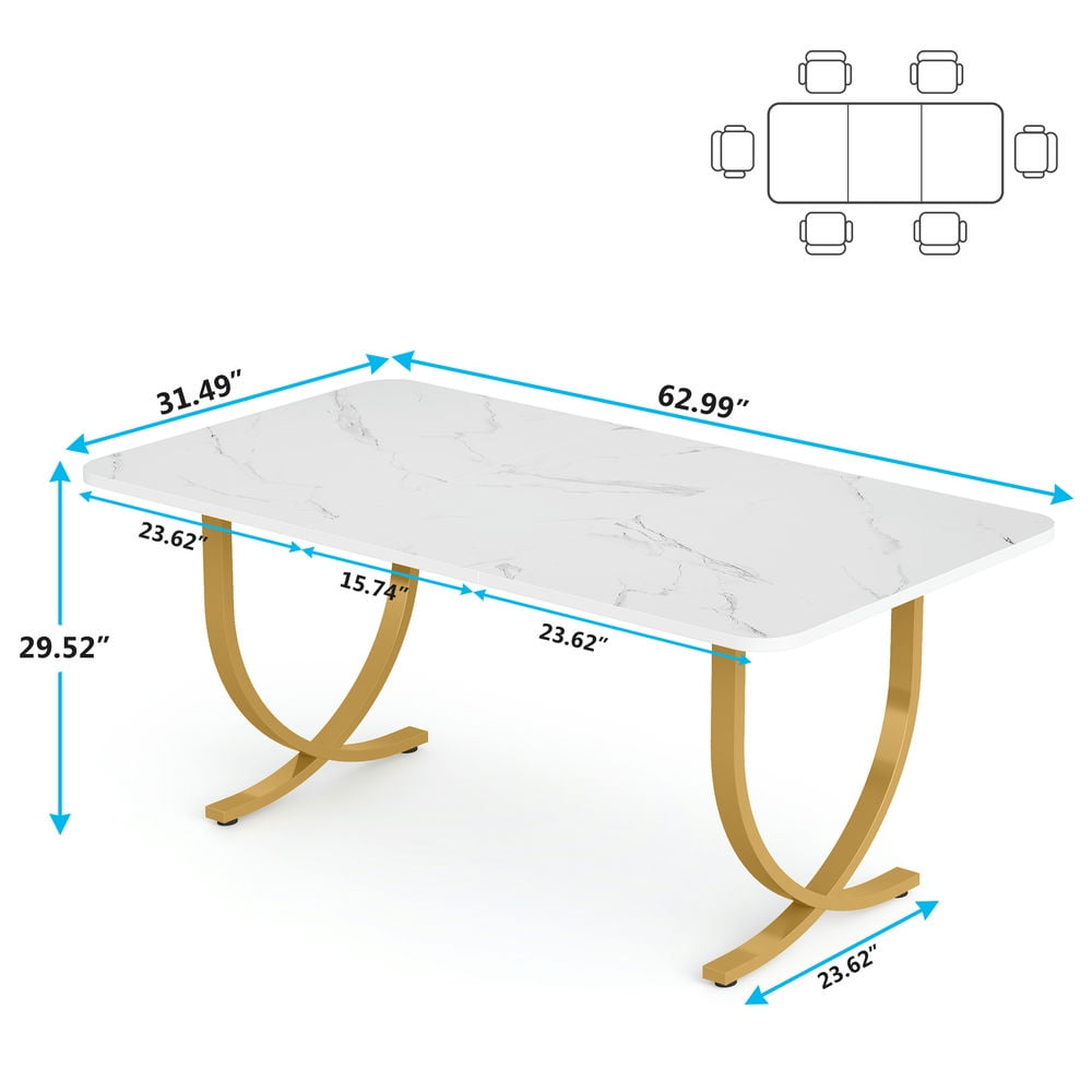 Topcobe 63" Executive Desk, Faux Marble Computer Desk Meeting Table, Indoor Modern Furniture for Living Room, Office, Game Room, White & Gold
