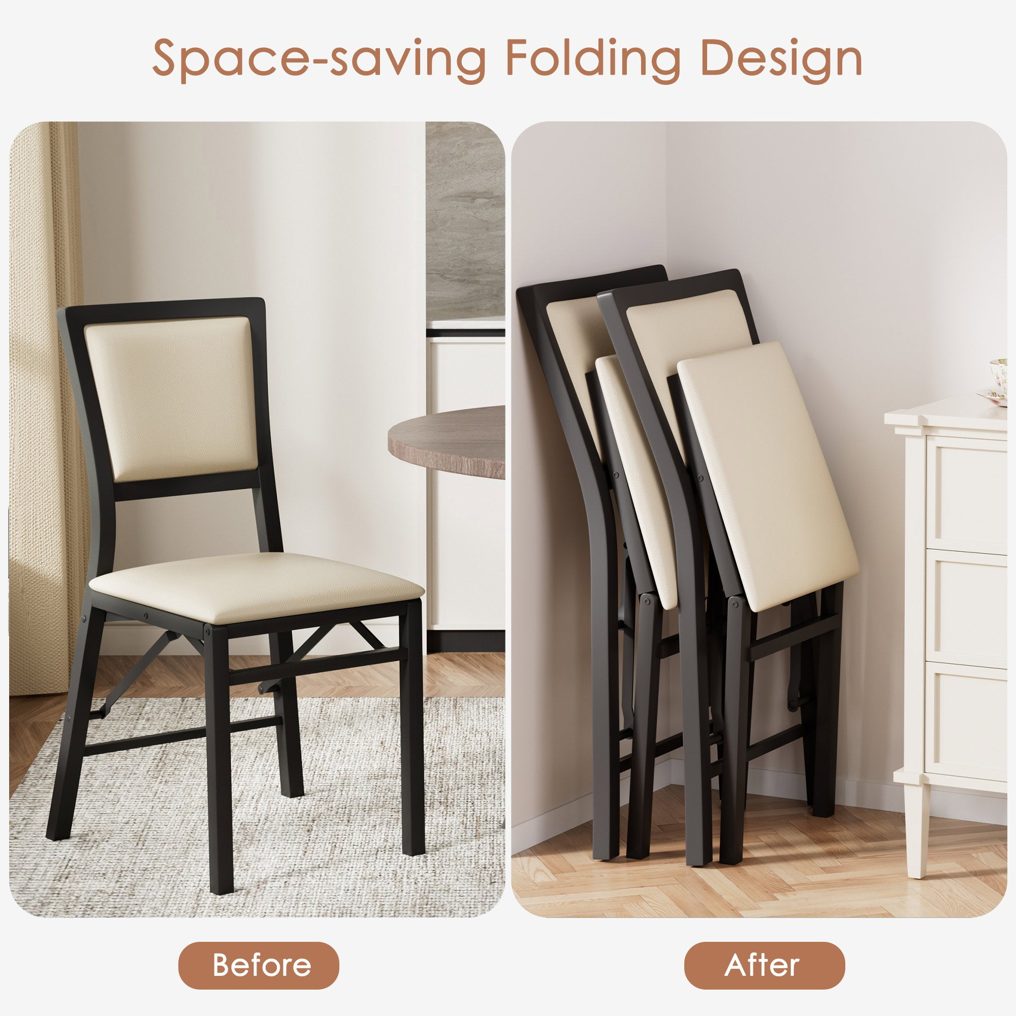 VECELO Dining Chairs Set of 2, Space-Saving and No Assembly, High Back PU Upholstered Folding Chairs with Metal Frame for Kitchen and Living Room, Beige