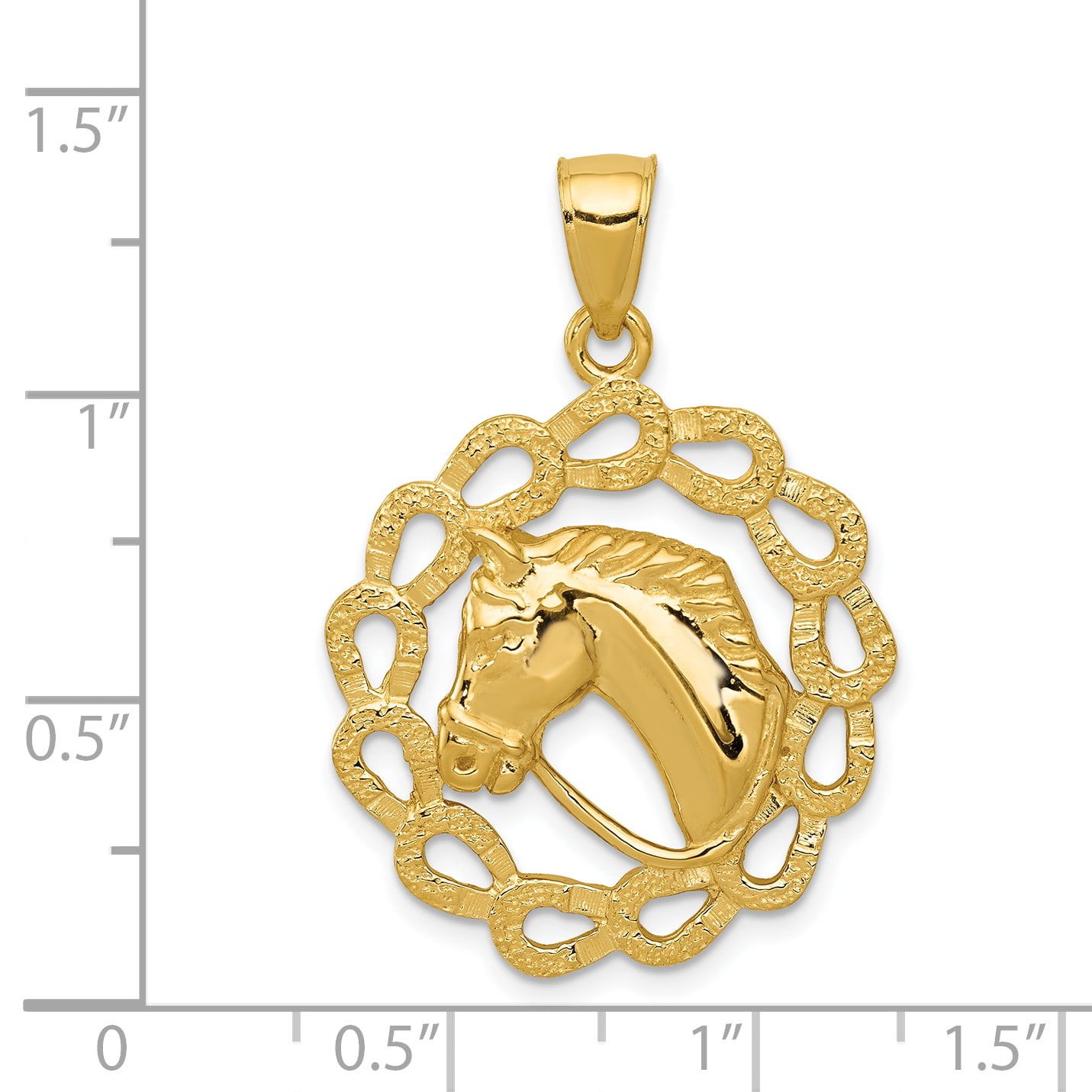 14k Yellow Gold Solid Polished Horse Head in Horseshoe Pendant