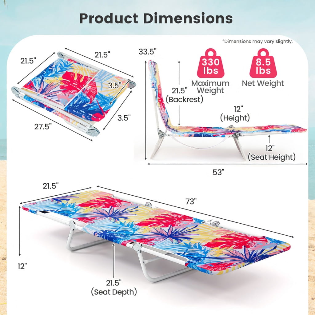 Hommoo 2-Pack Lay-Flat Beach Recliner Chairs, 5-Position Adjustable Backrest, Foldable Metal Frame, Carry Strap, Perfect for Beach, Pool & Camping, Pink